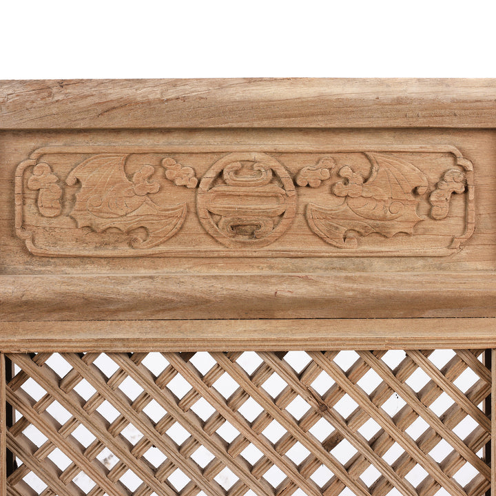 Bat Detail from an Old Antique Chinese Yumu Elm Lattice Window Screen With Bat Detailing From Shanxi Province - 19thC