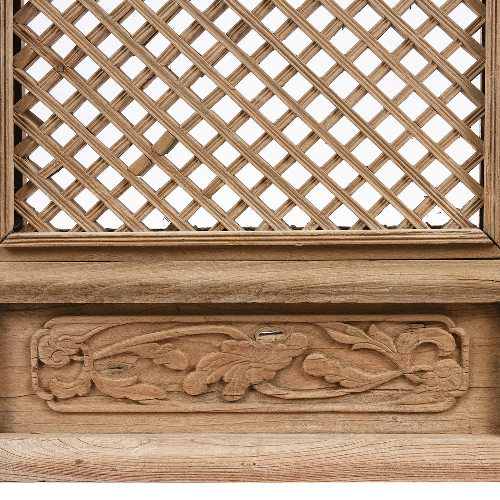 Floral Carving Detail In Old Yumu Elm Lattice Window Screen (Bats) - 19thC