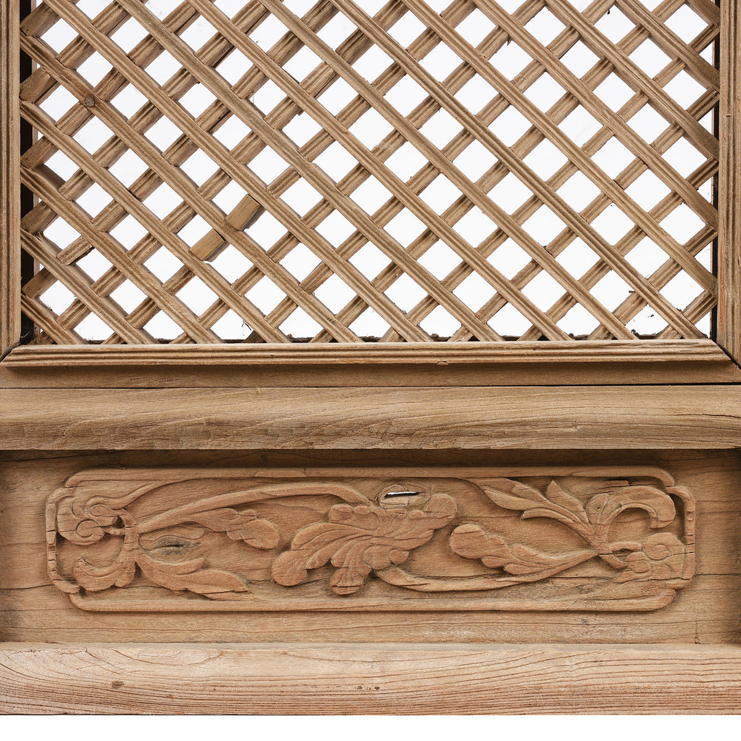 Floral Carving Detail In Old Yumu Elm Lattice Window Screen (Bats) - 19thC