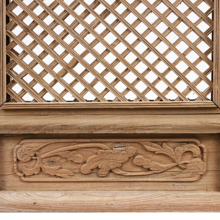 Floral Carving Detail In Old Yumu Elm Lattice Window Screen (Bats) - 19thC