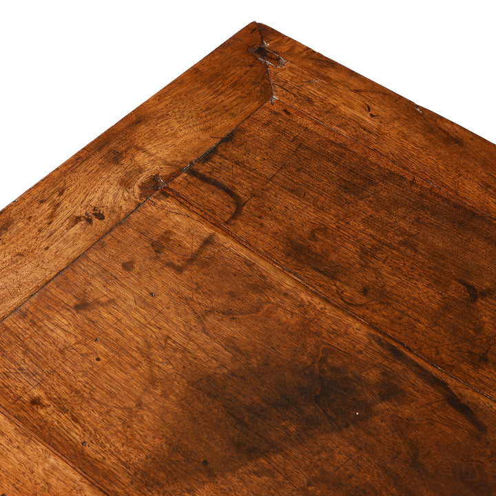 Top Corner Detail From Antique Two Drawer Walnut Cabinet From Shanxi | Indigo Antiques