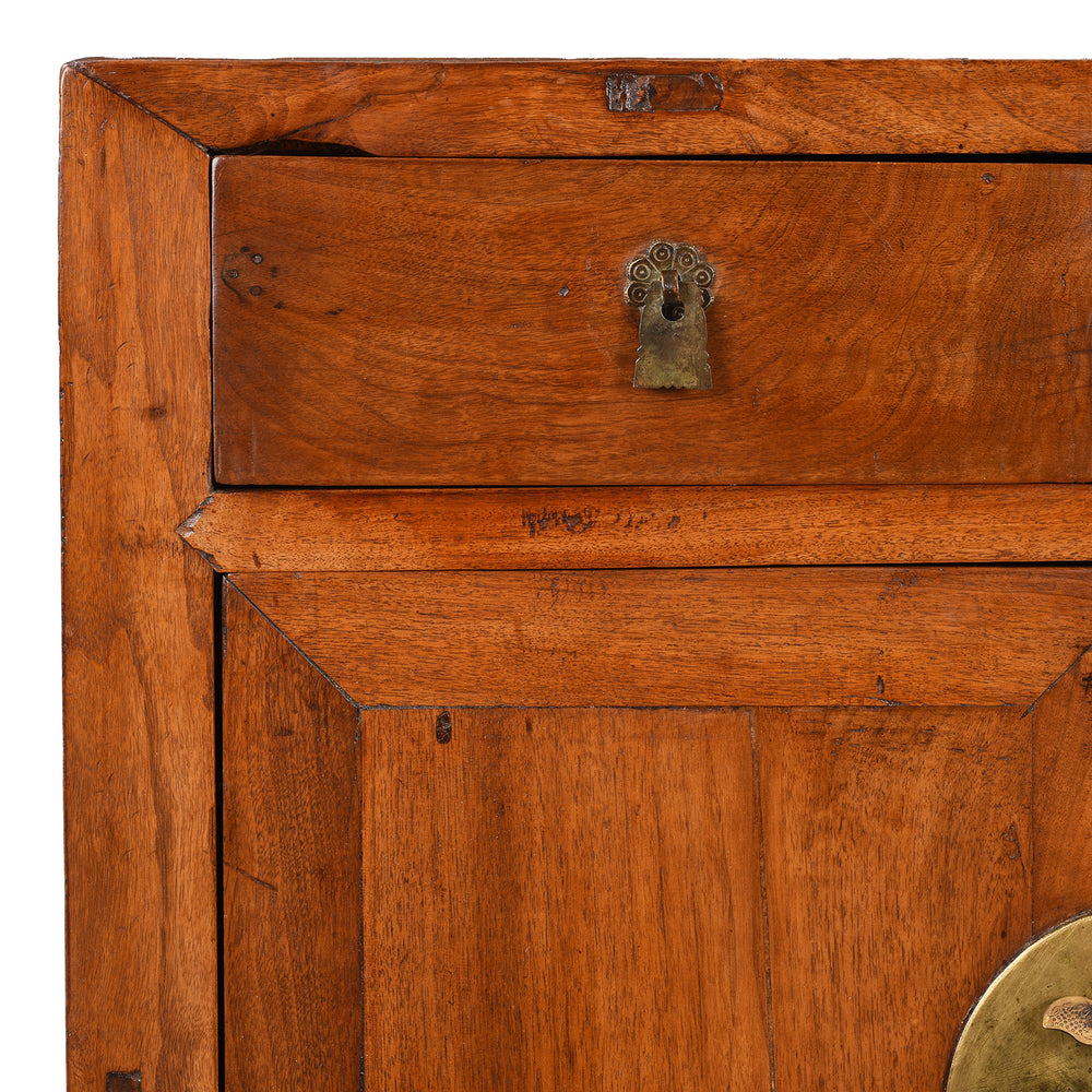 Corner Detail From Antique Two Drawer Walnut Cabinet From Shanxi | Indigo Antiques