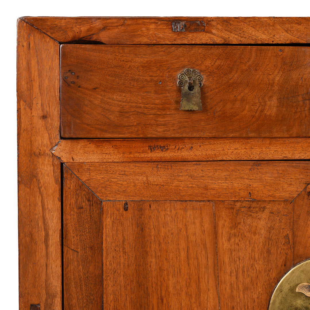 Corner Detail From Antique Two Drawer Walnut Cabinet From Shanxi | Indigo Antiques