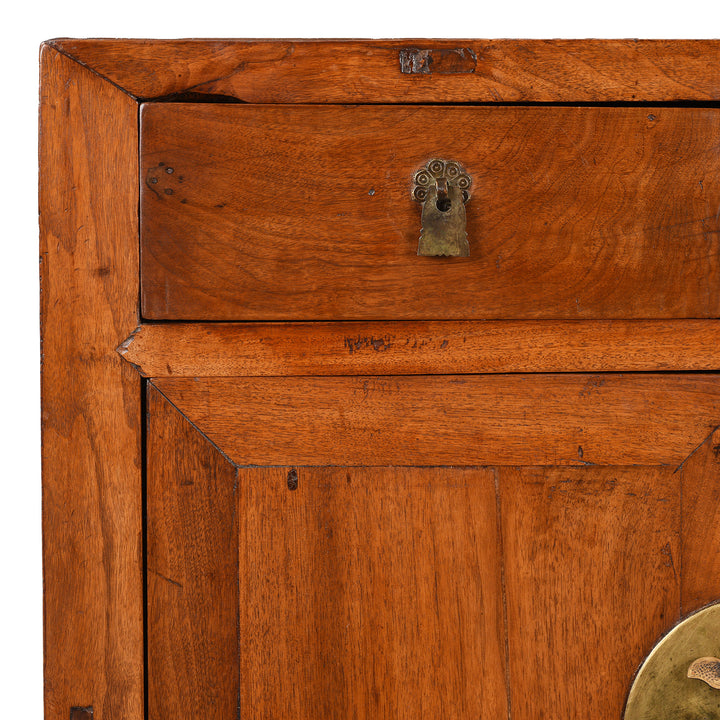 Corner Detail From Antique Two Drawer Walnut Cabinet From Shanxi | Indigo Antiques
