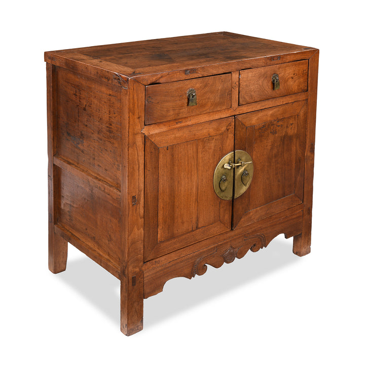 Angled View Of Antique Two Drawer Walnut Cabinet From Shanxi | Indigo Antiques