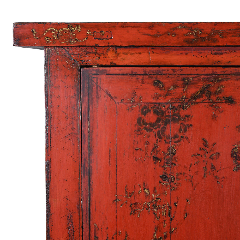 Corner Detail From Red Lacquer Chinese Wedding Cabinet With Gilt Floral Decoration From Shanxi Province 19th Century Antique Furniture