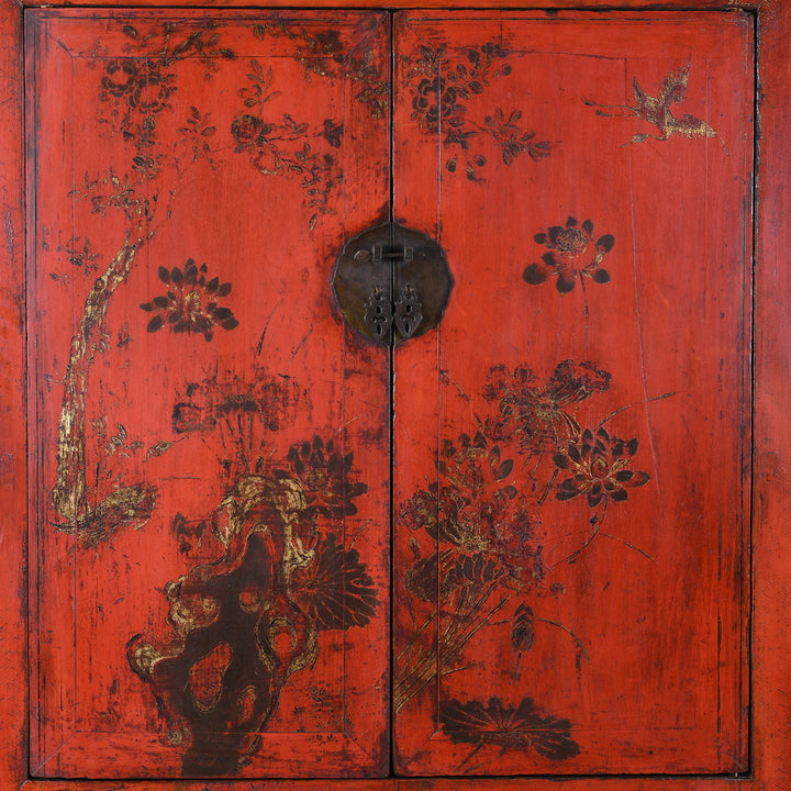 Doors Detail From Red Lacquer Chinese Wedding Cabinet With Gilt Floral Decoration From Shanxi Province 19th Century Antique Furniture
