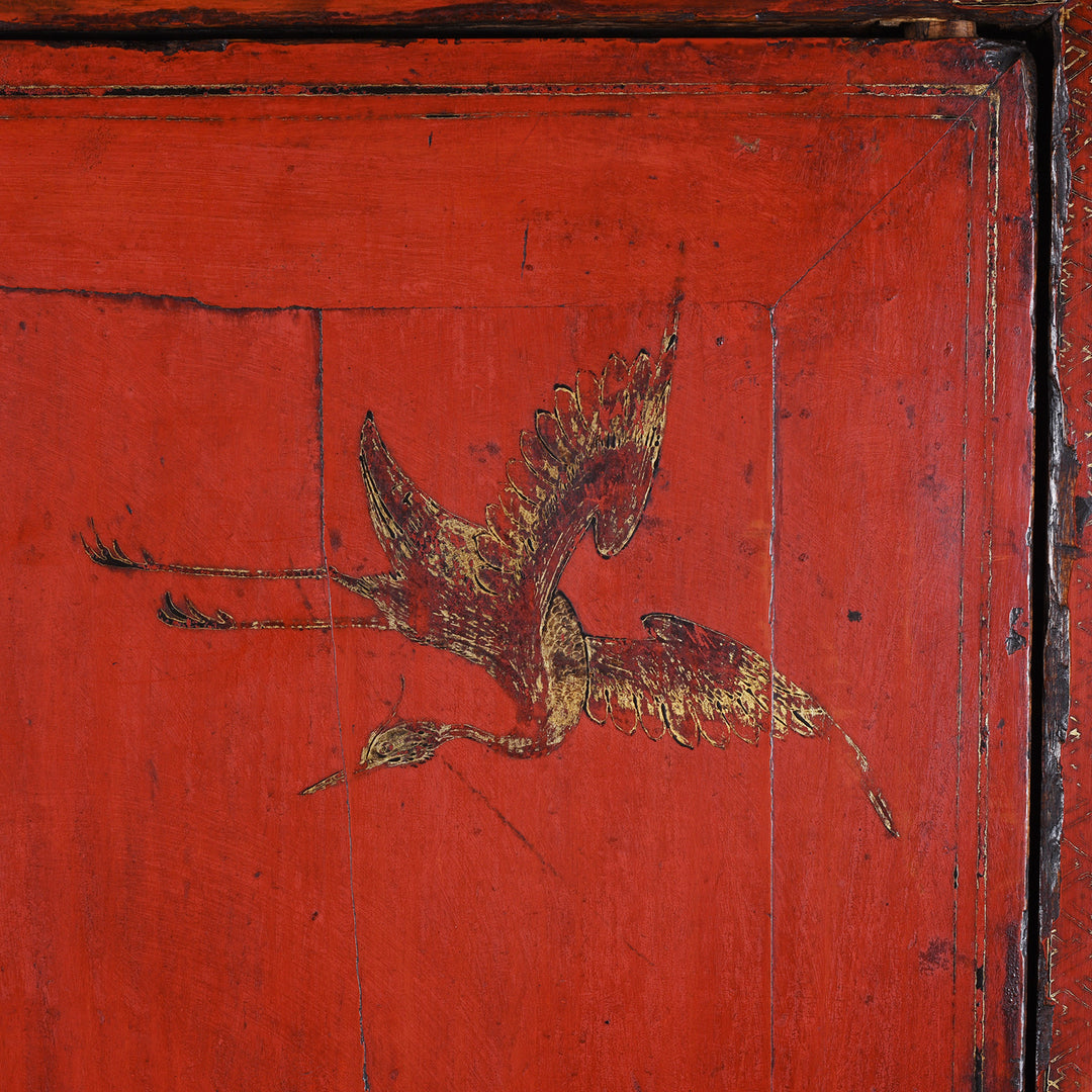 Bird Detail From Doors Of Red Lacquer Chinese Wedding Cabinet With Gilt Floral Decoration From Shanxi Province 19th Century Antique Furniture