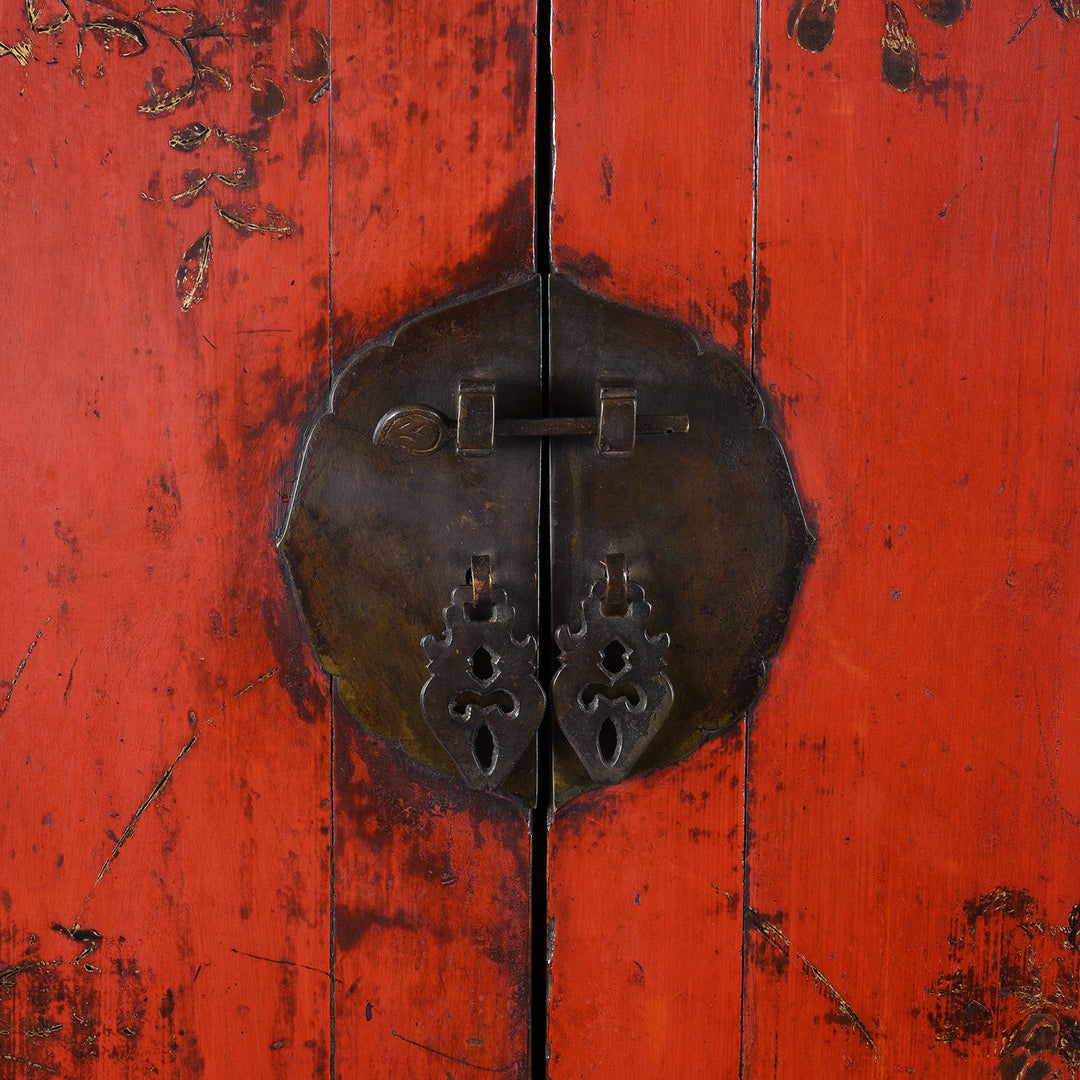 Locking Plate Detail From Red Lacquer Chinese Wedding Cabinet With Gilt Floral Decoration From Shanxi Province 19th Century Antique Furniture