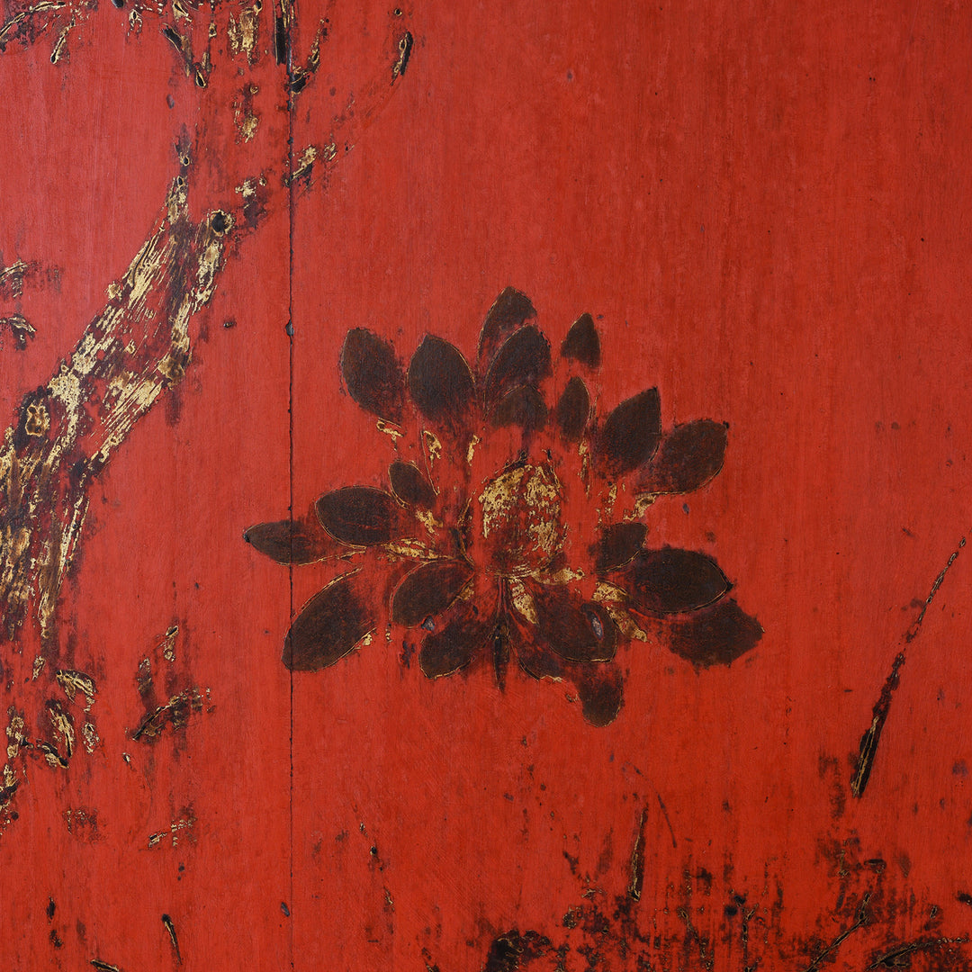 Floral Detail From Red Lacquer Chinese Wedding Cabinet With Gilt Floral Decoration From Shanxi Province 19th Century Antique Furniture