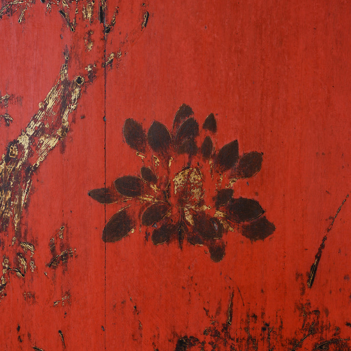 Floral Detail From Red Lacquer Chinese Wedding Cabinet With Gilt Floral Decoration From Shanxi Province 19th Century Antique Furniture