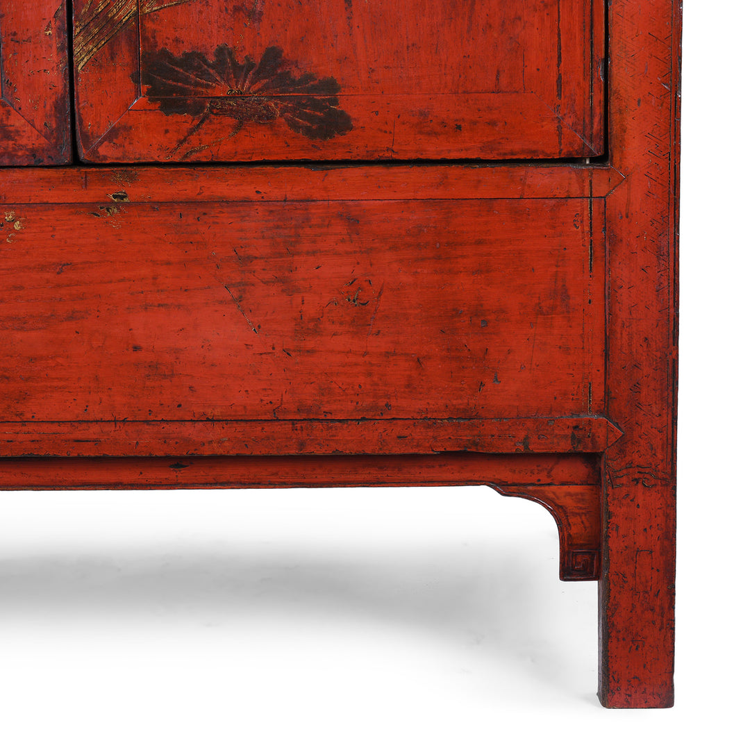 Leg Detail From Red Lacquer Chinese Wedding Cabinet With Gilt Floral Decoration From Shanxi Province 19th Century Antique Furniture