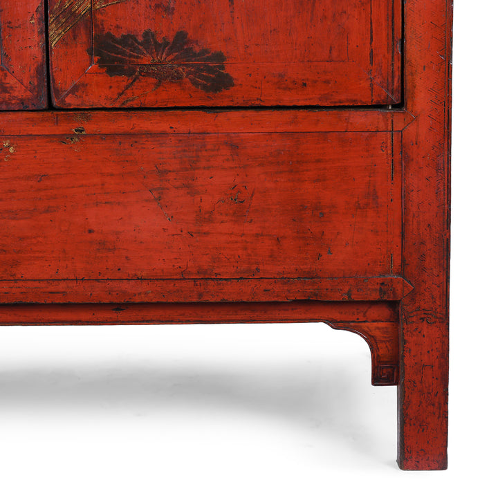 Leg Detail From Red Lacquer Chinese Wedding Cabinet With Gilt Floral Decoration From Shanxi Province 19th Century Antique Furniture