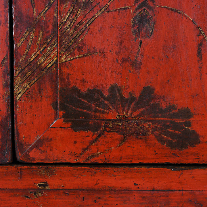 Detail From Red Lacquer Chinese Wedding Cabinet With Gilt Floral Decoration From Shanxi Province 19th Century Antique Furniture