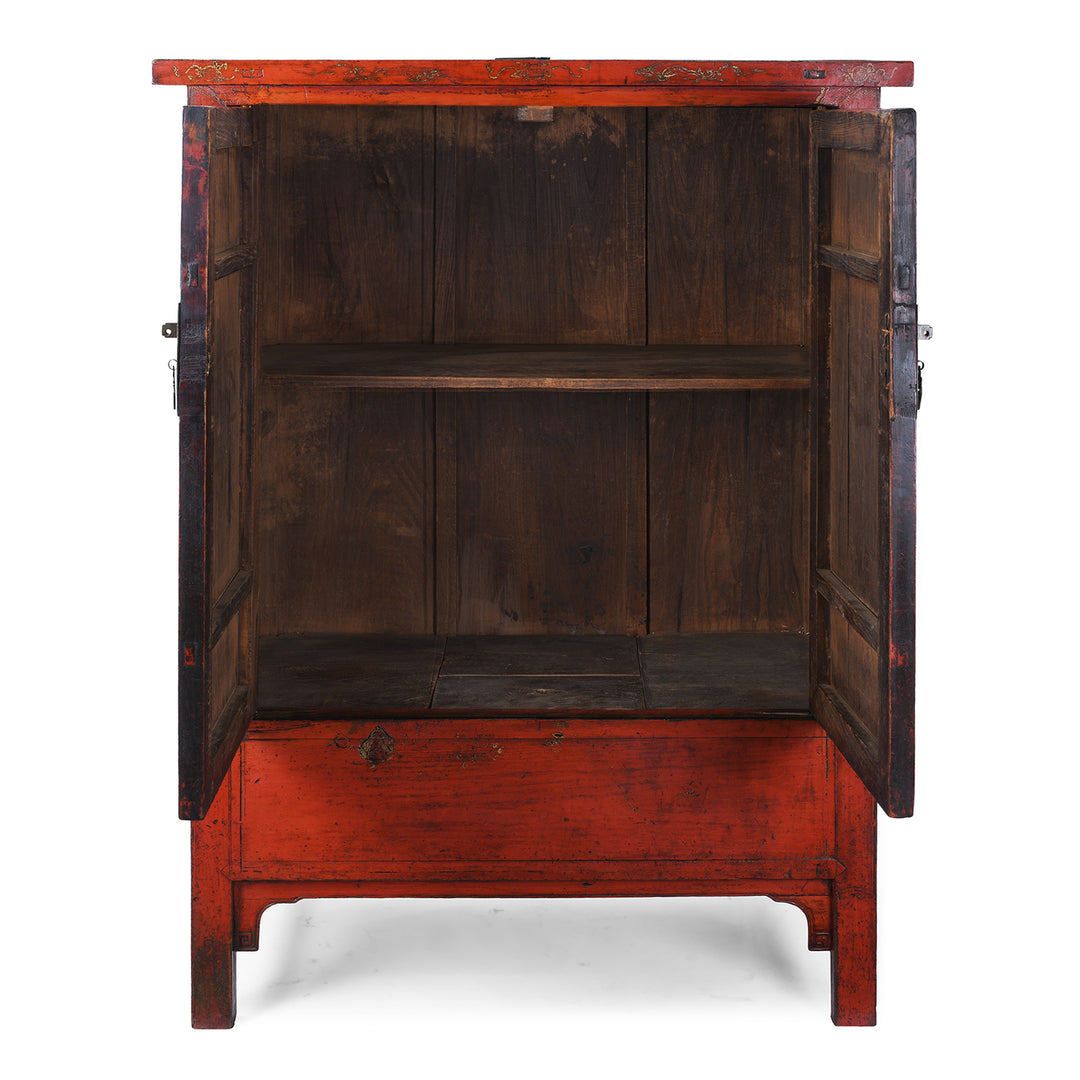 Interior View Of Red Lacquer Chinese Wedding Cabinet With Gilt Floral Decoration From Shanxi Province 19th Century Antique Furniture