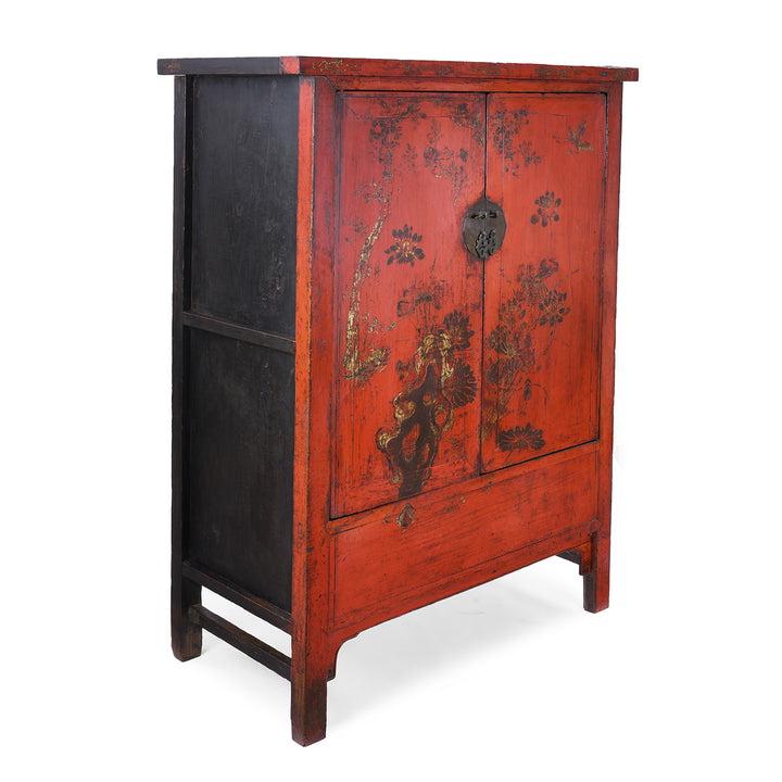 Angled View Of Red Lacquer Chinese Wedding Cabinet With Gilt Floral Decoration From Shanxi Province 19th Century Antique Furniture