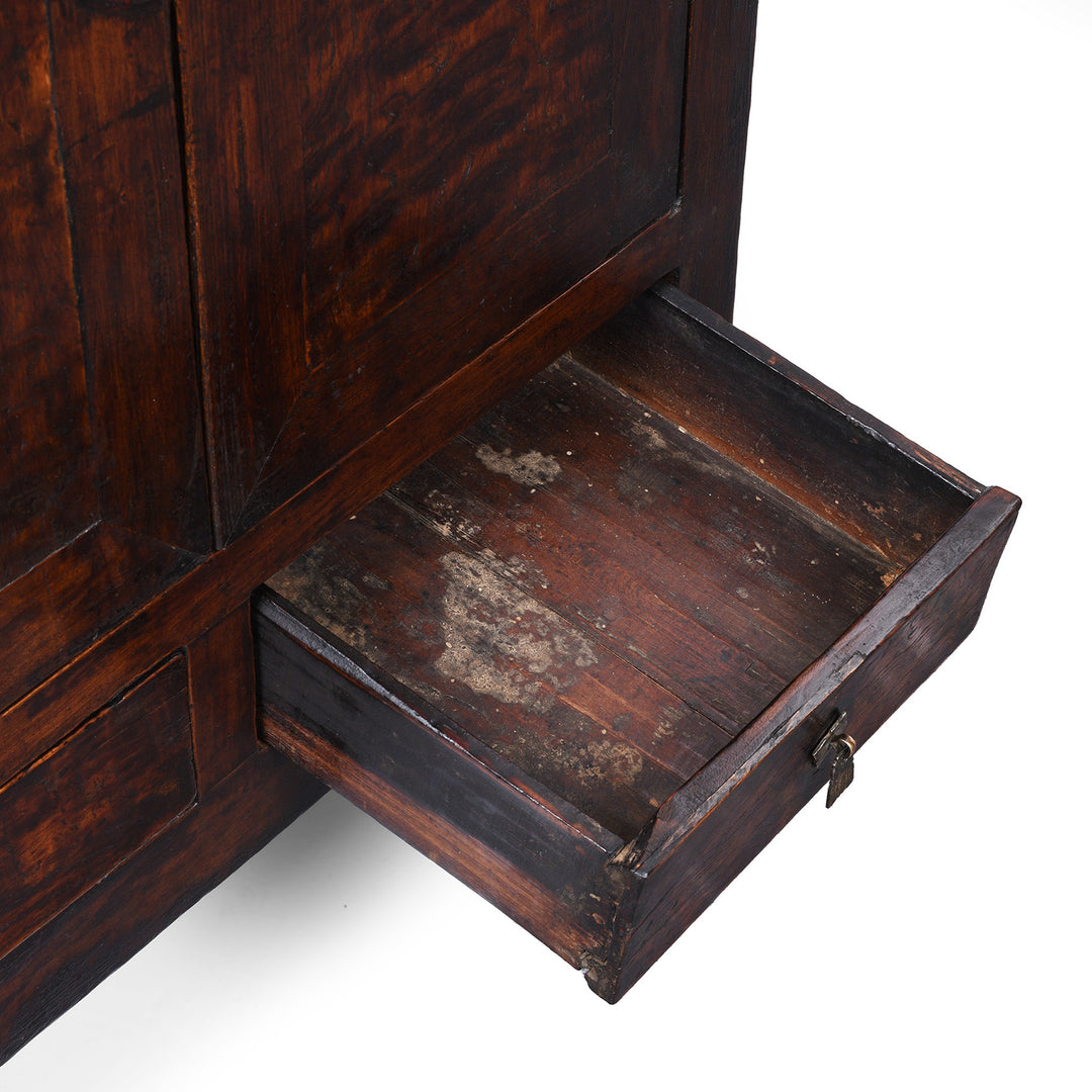 Drawer Detail From 19th Century Chinese Cabinet From Gansu Province Made From Mulberry And Poplar With Two Drawers And Original Brass Hardware