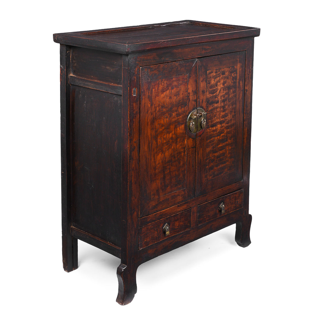 Angled VIew Of 19th Century Chinese Cabinet From Gansu Province Made From Mulberry And Poplar With Two Drawers And Original Brass Hardware