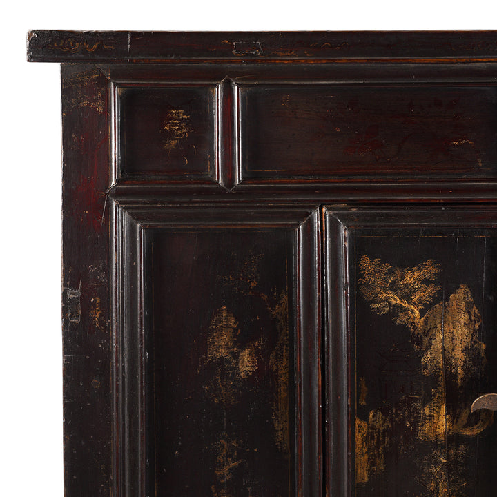 Corner Detail From Antique Chinese Black Lacquer Wedding Cabinet | Indigo Antiques