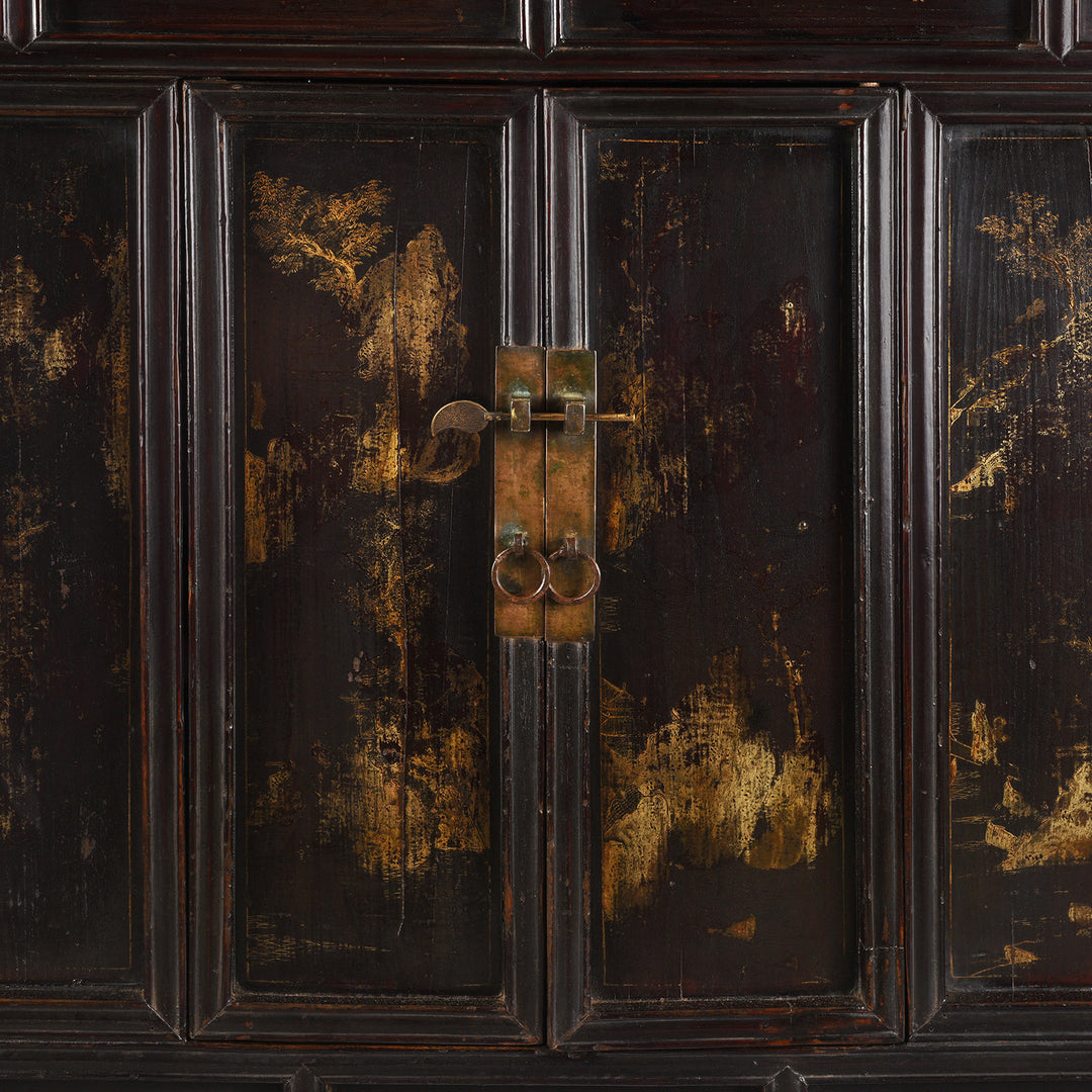 Door Painting And Locking Pin Detail From Antique Chinese Black Lacquer Wedding Cabinet | Indigo Antiques