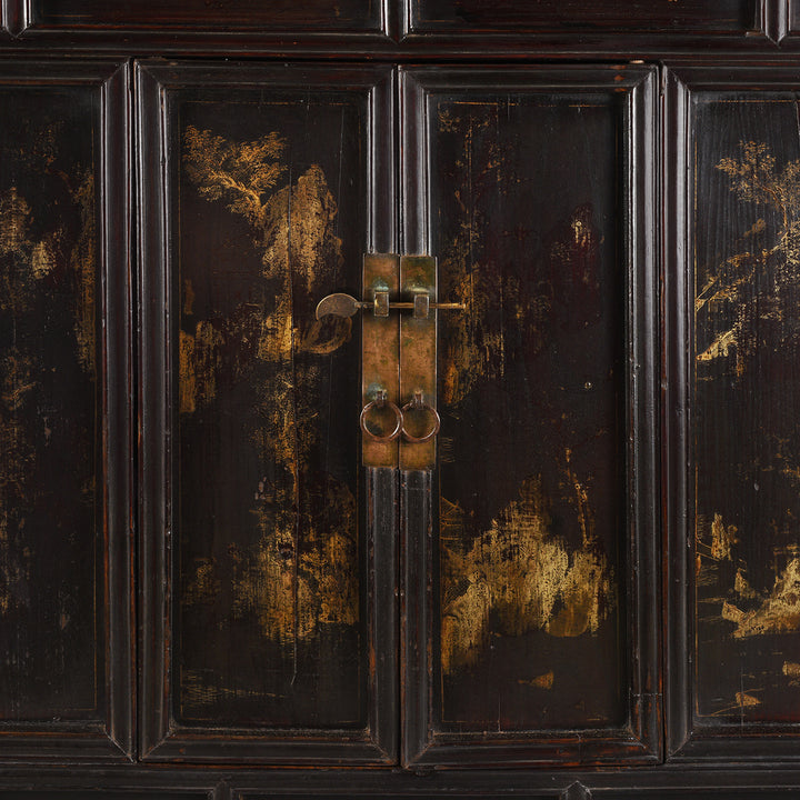 Door Painting And Locking Pin Detail From Antique Chinese Black Lacquer Wedding Cabinet | Indigo Antiques