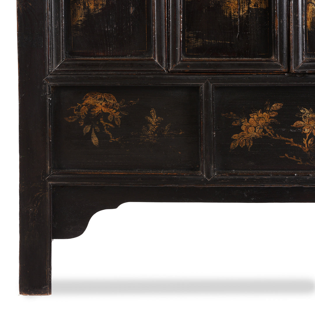 Leg And Flower Design Detail From Antique Chinese Black Lacquer Wedding Cabinet | Indigo Antiques