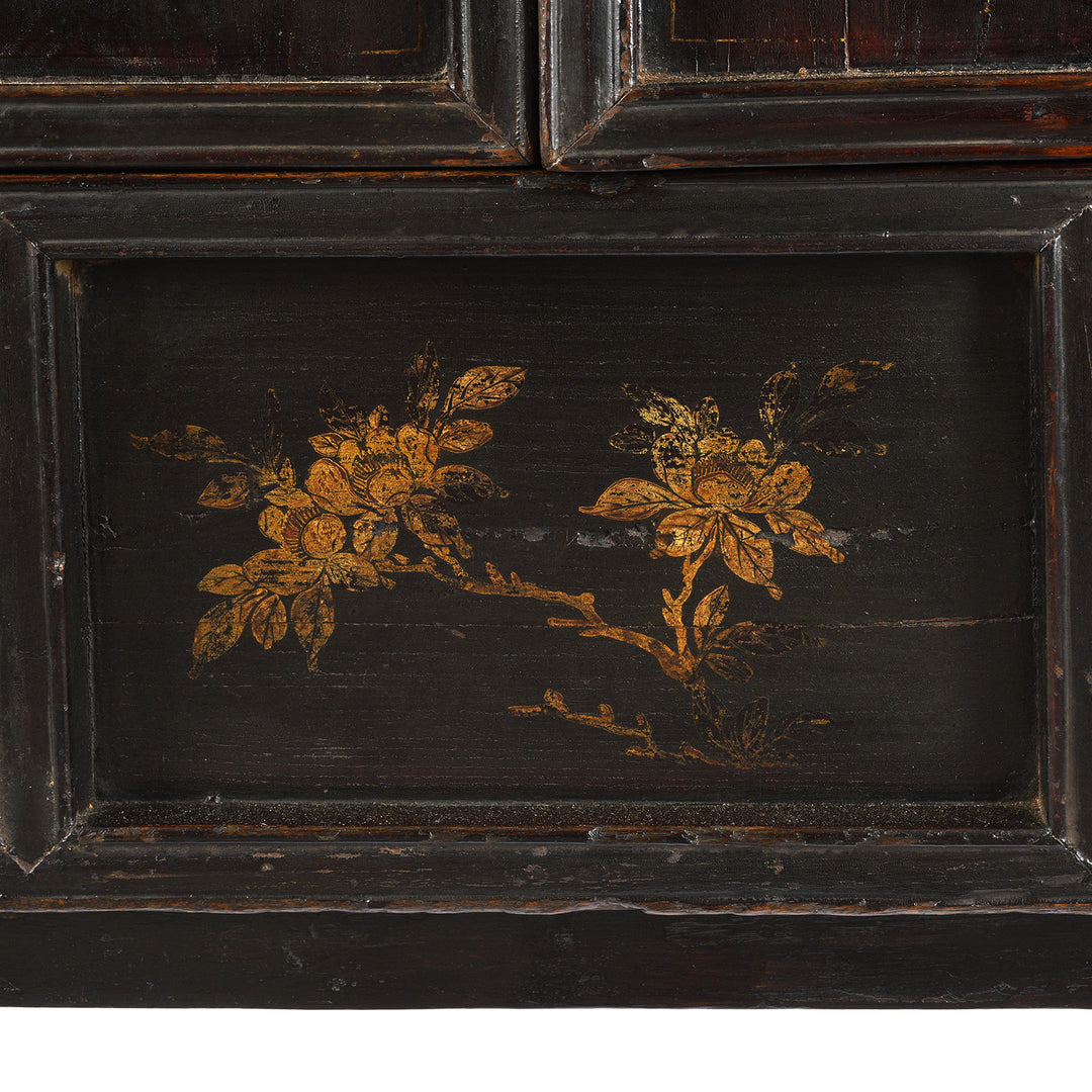 Floral Paintwork Design Detail From Antique Chinese Black Lacquer Wedding Cabinet | Indigo Antiques