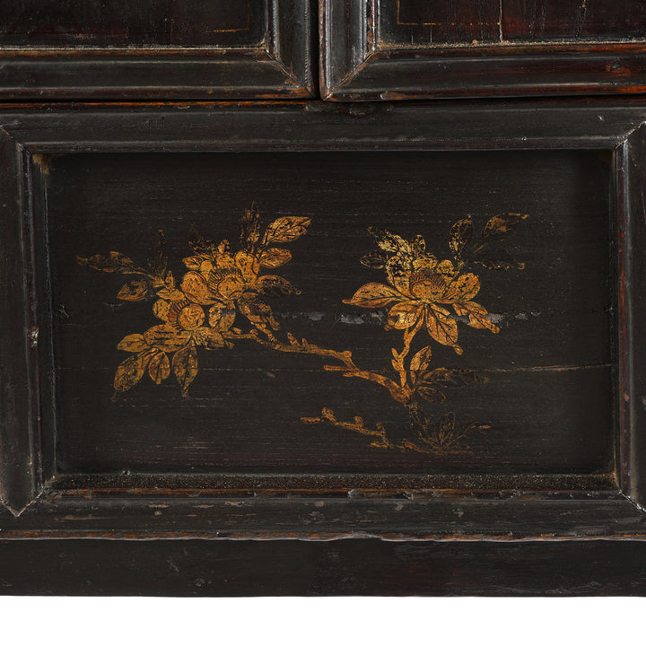 Floral Paintwork Design Detail From Antique Chinese Black Lacquer Wedding Cabinet | Indigo Antiques