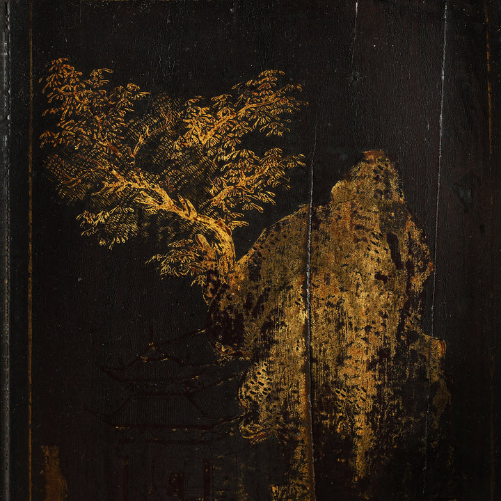 Mountain And Tree Paintwork Design From Antique Chinese Black Lacquer Wedding Cabinet | Indigo Antiques