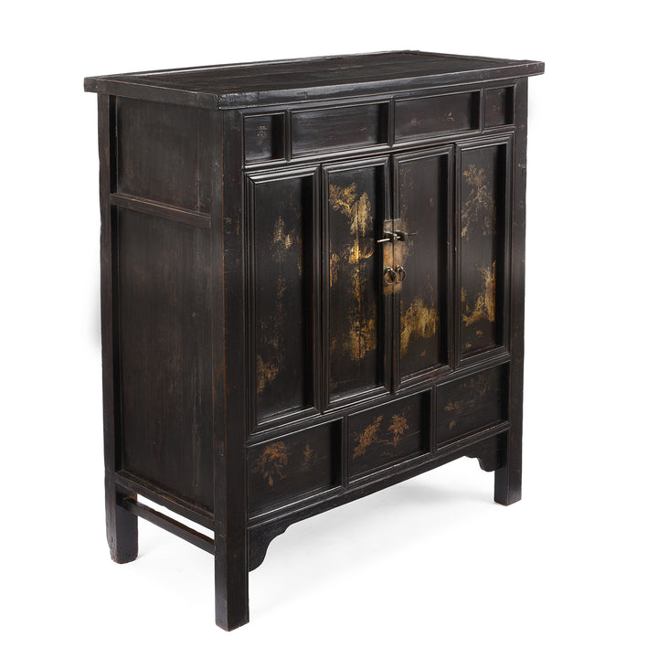 Angled View Of Antique Chinese Black Lacquer Wedding Cabinet | Indigo Antiques