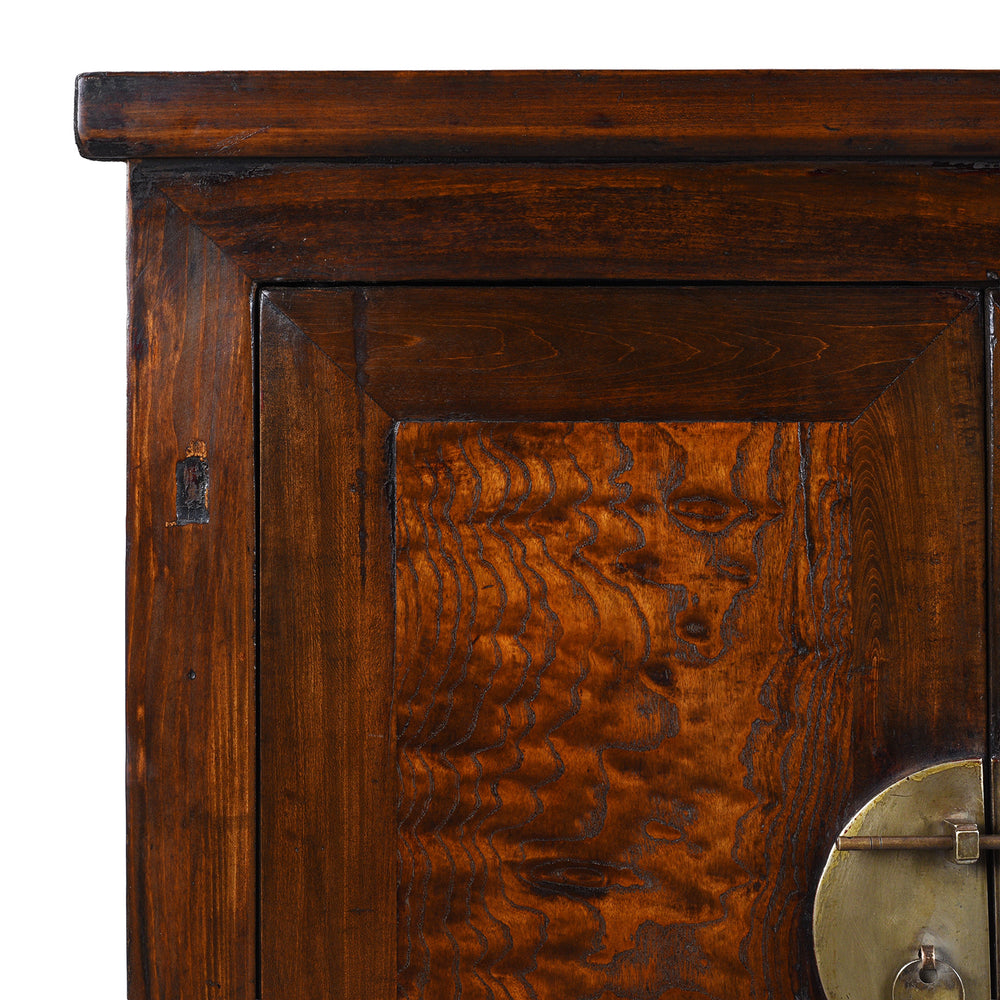 Corner Detail From Burr Mulberry And Poplar Cabinet From Gansu With Original Brass Hardware