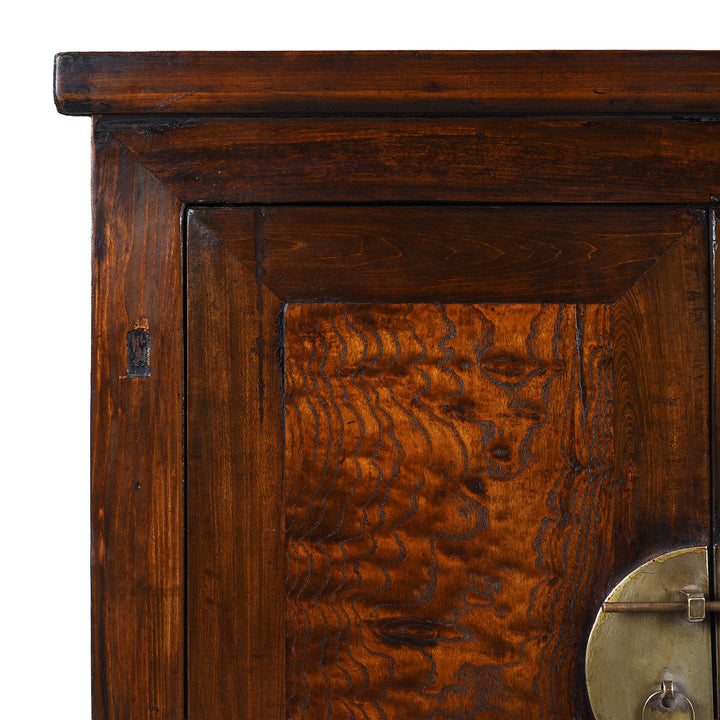 Corner Detail From Burr Mulberry And Poplar Cabinet From Gansu With Original Brass Hardware