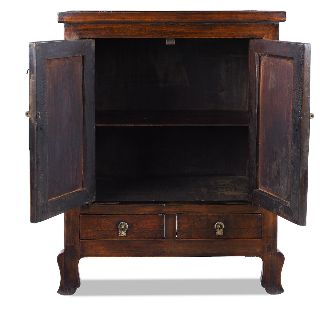 Open Doors View Of Burr Mulberry And Poplar Cabinet From Gansu With Original Brass Hardware