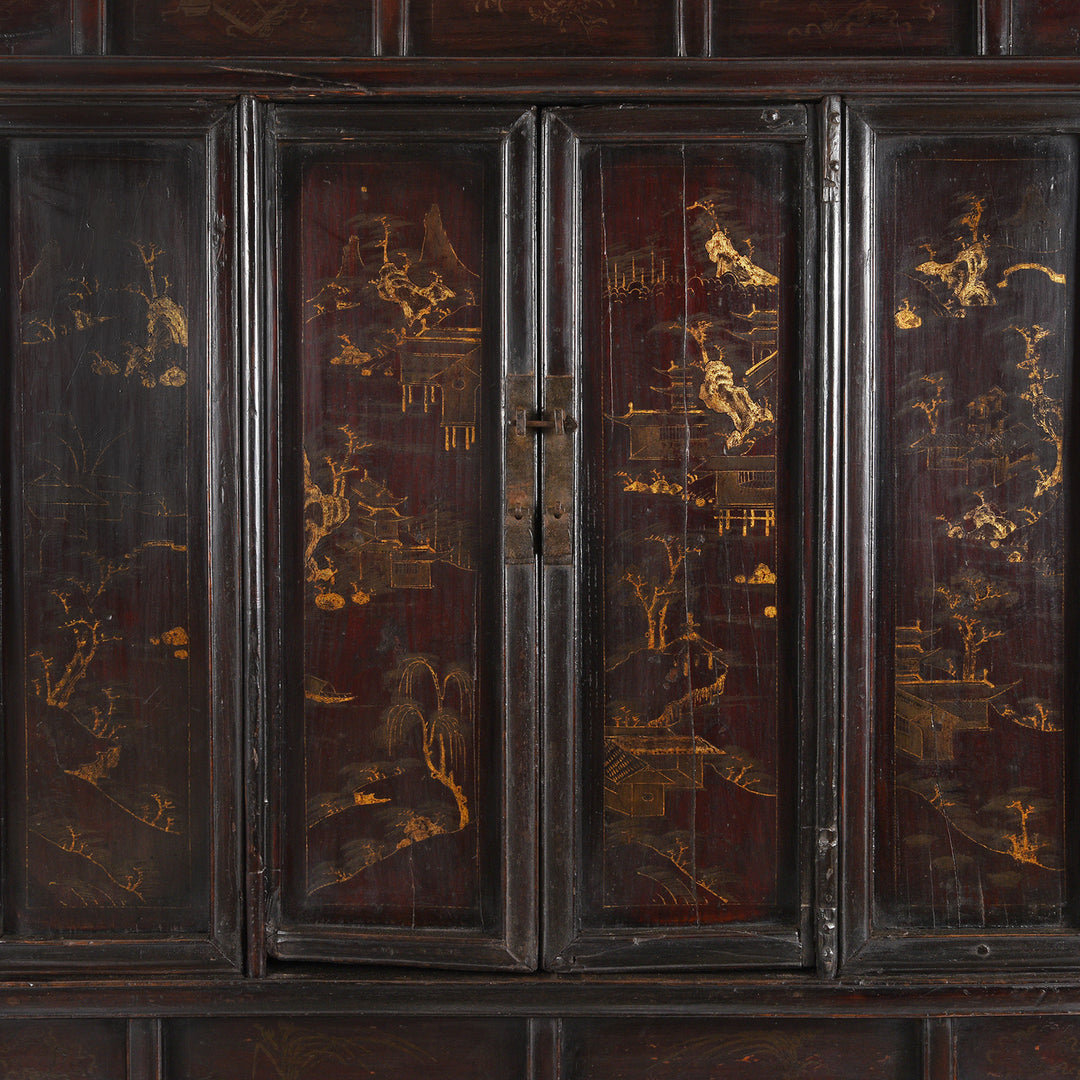 Doors Detail From Antique Chinese Black Lacquer Wedding Cabinet | Indigo Antiques