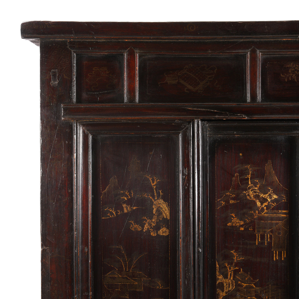 Corner Detail From Antique Chinese Black Lacquer Wedding Cabinet | Indigo Antiques