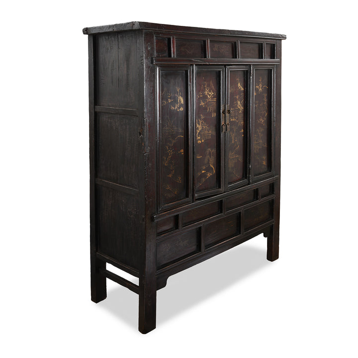 Angled View Of Antique Chinese Black Lacquer Wedding Cabinet | Indigo Antiques