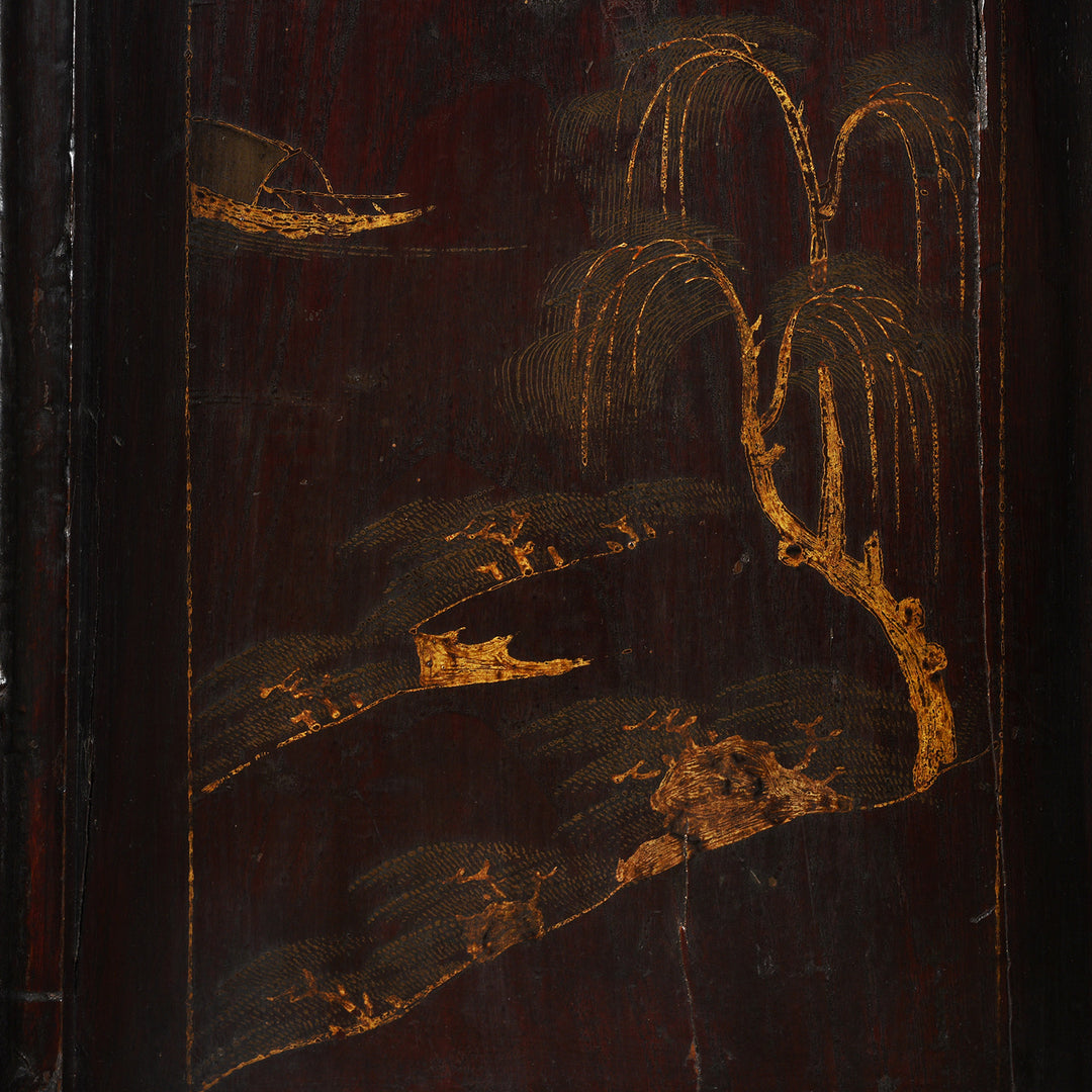 Tree Design Detail From Antique Chinese Black Lacquer Wedding Cabinet | Indigo Antiques]