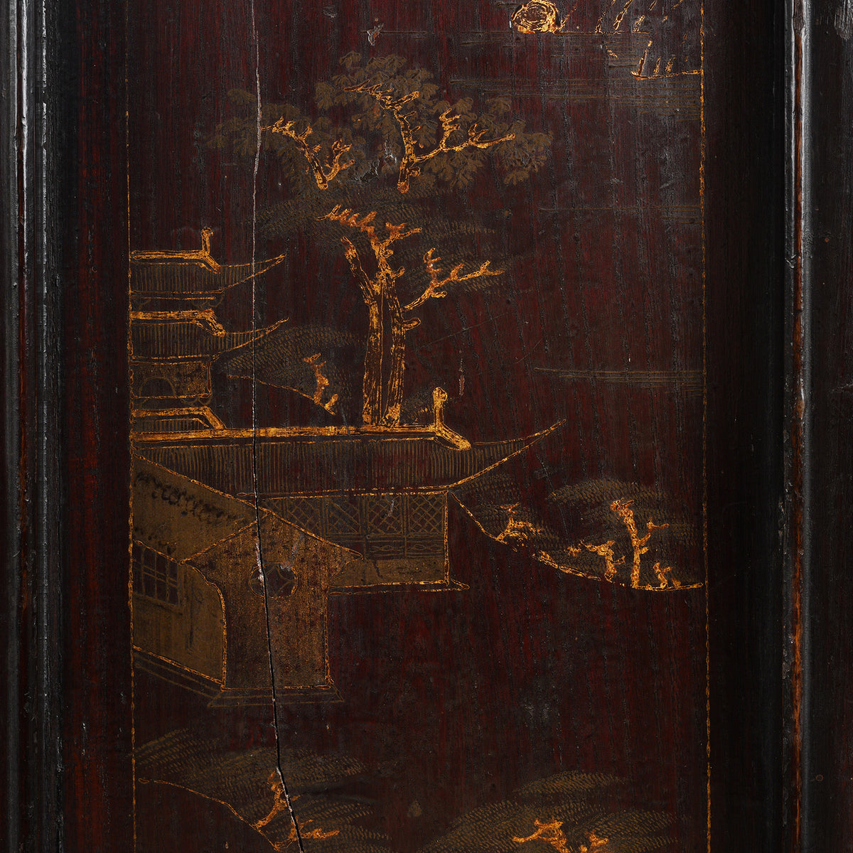 Building Detail From Antique Chinese Black Lacquer Wedding Cabinet | Indigo Antiques