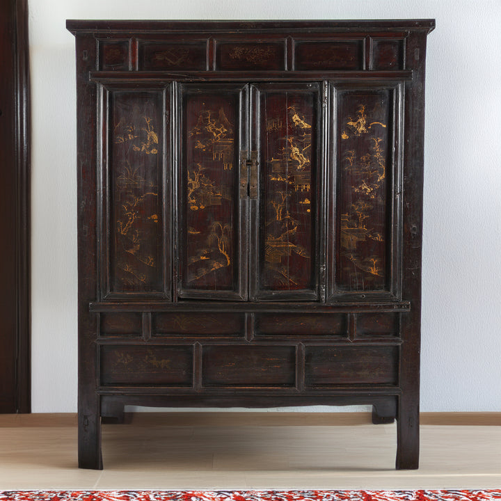 Chinese Black Lacquer Wedding Cabinet From Shanxi  - 19th Century