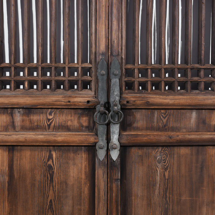 Handles Detail From Antique 4 Piece Chinese Pine Lattice Screen | Indigo Antiques