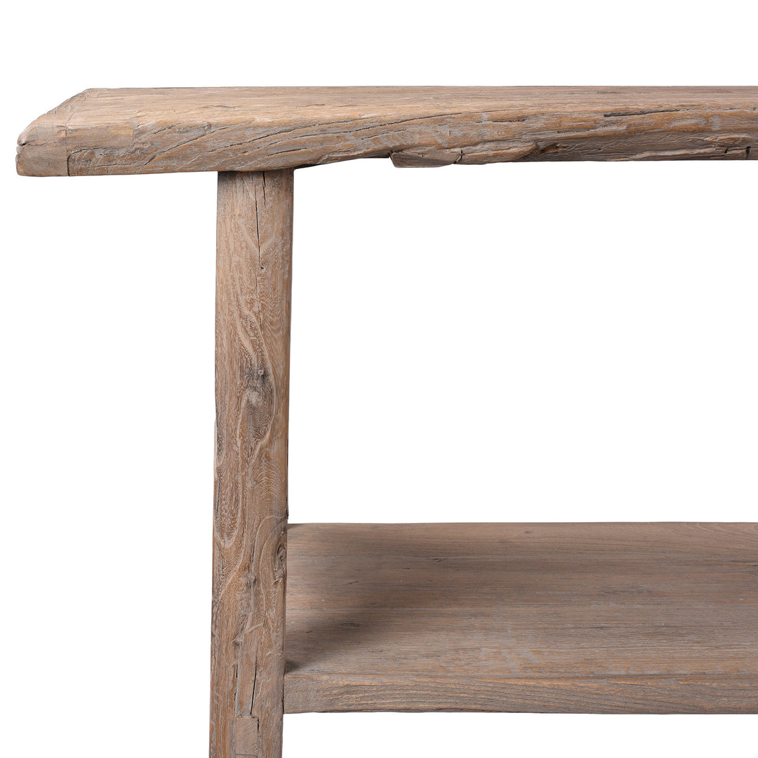 Detail View Of Wood Grain From Bleached Reclaimed Elm Farmhouse Console Table With Rustic Finish And Lower Shelf