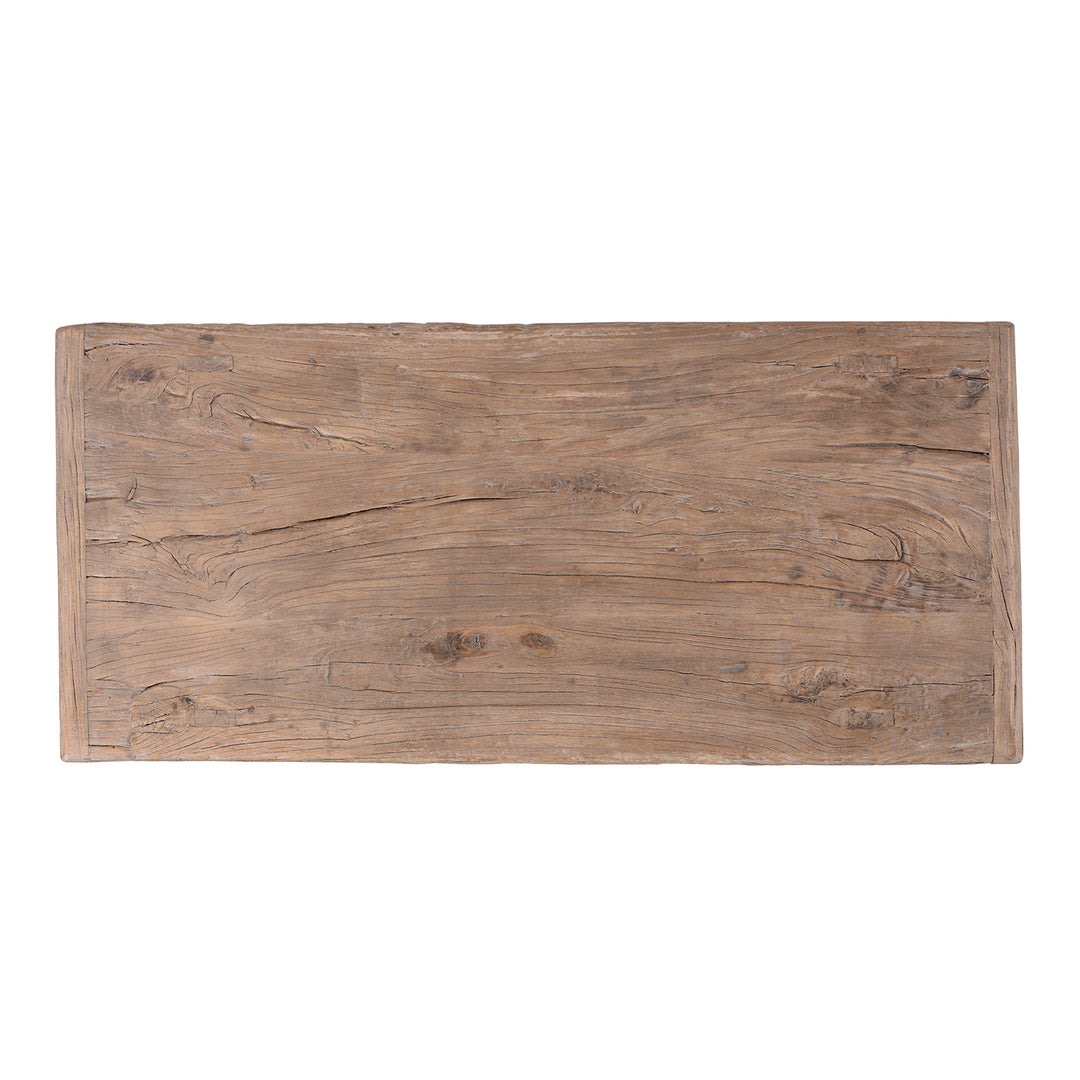 Top Down View Of Bleached Reclaimed Elm Farmhouse Console Table With Rustic Finish And Lower Shelf