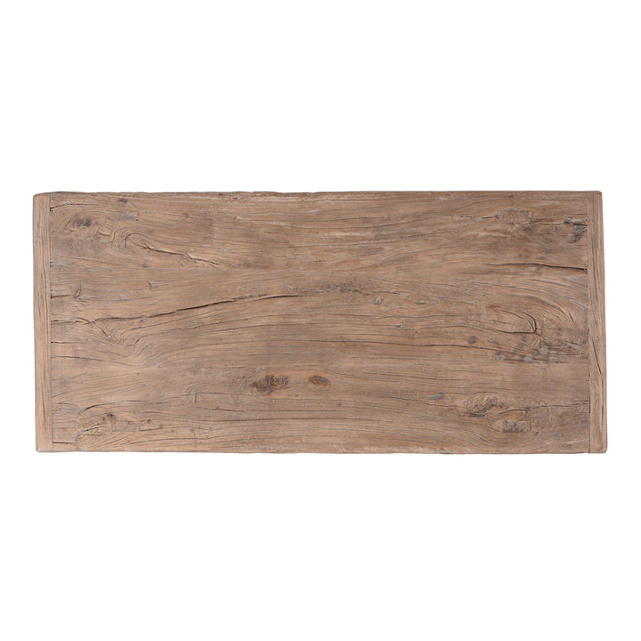 Top Down View Of Bleached Reclaimed Elm Farmhouse Console Table With Rustic Finish And Lower Shelf