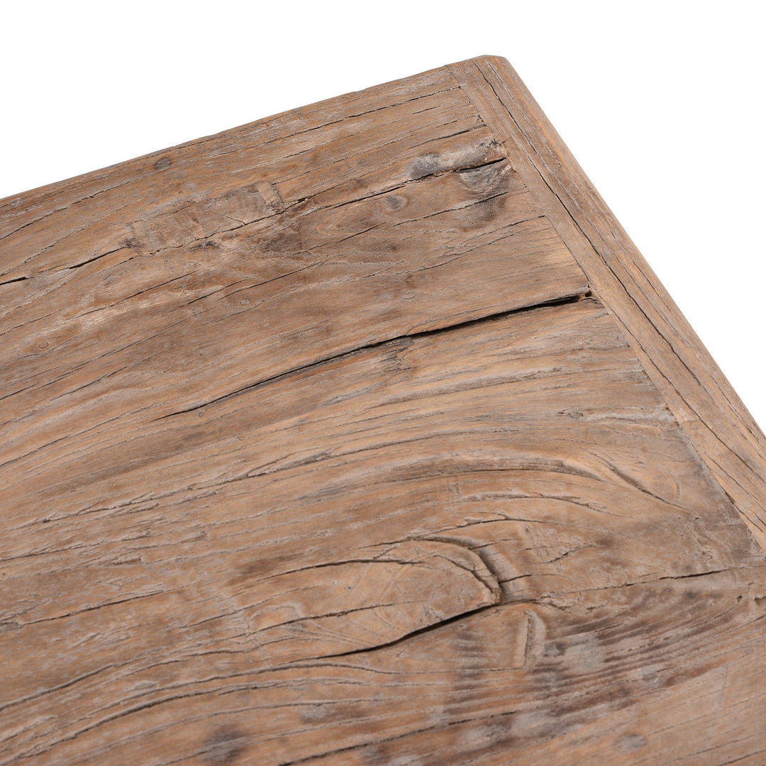 Detail Of Patina From Bleached Reclaimed Elm Farmhouse Console Table With Rustic Finish And Lower Shelf