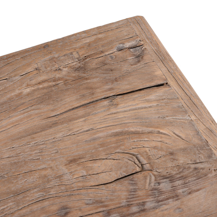 Detail Of Patina From Bleached Reclaimed Elm Farmhouse Console Table With Rustic Finish And Lower Shelf