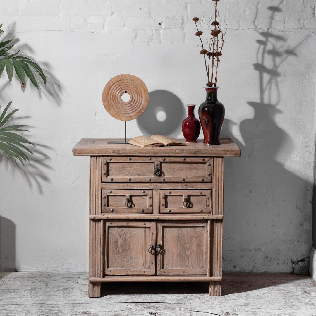 Bleached Elm Wood Cabinet From Shanxi China With Three Drawers And Lower Cupboard Featuring Iron Ring Pulls And Stud Detailing 19Th Century