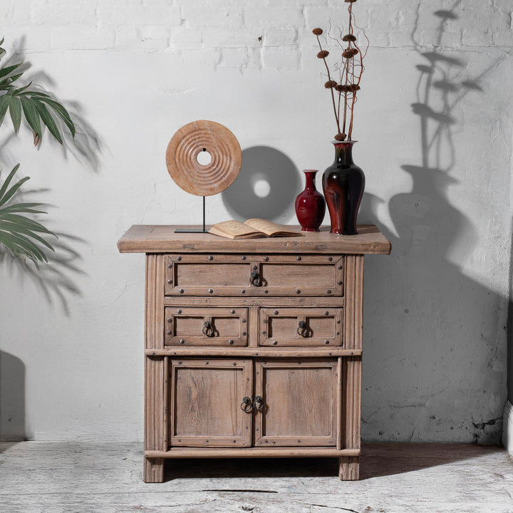 Bleached Elm Wood Cabinet From Shanxi China With Three Drawers And Lower Cupboard Featuring Iron Ring Pulls And Stud Detailing 19Th Century