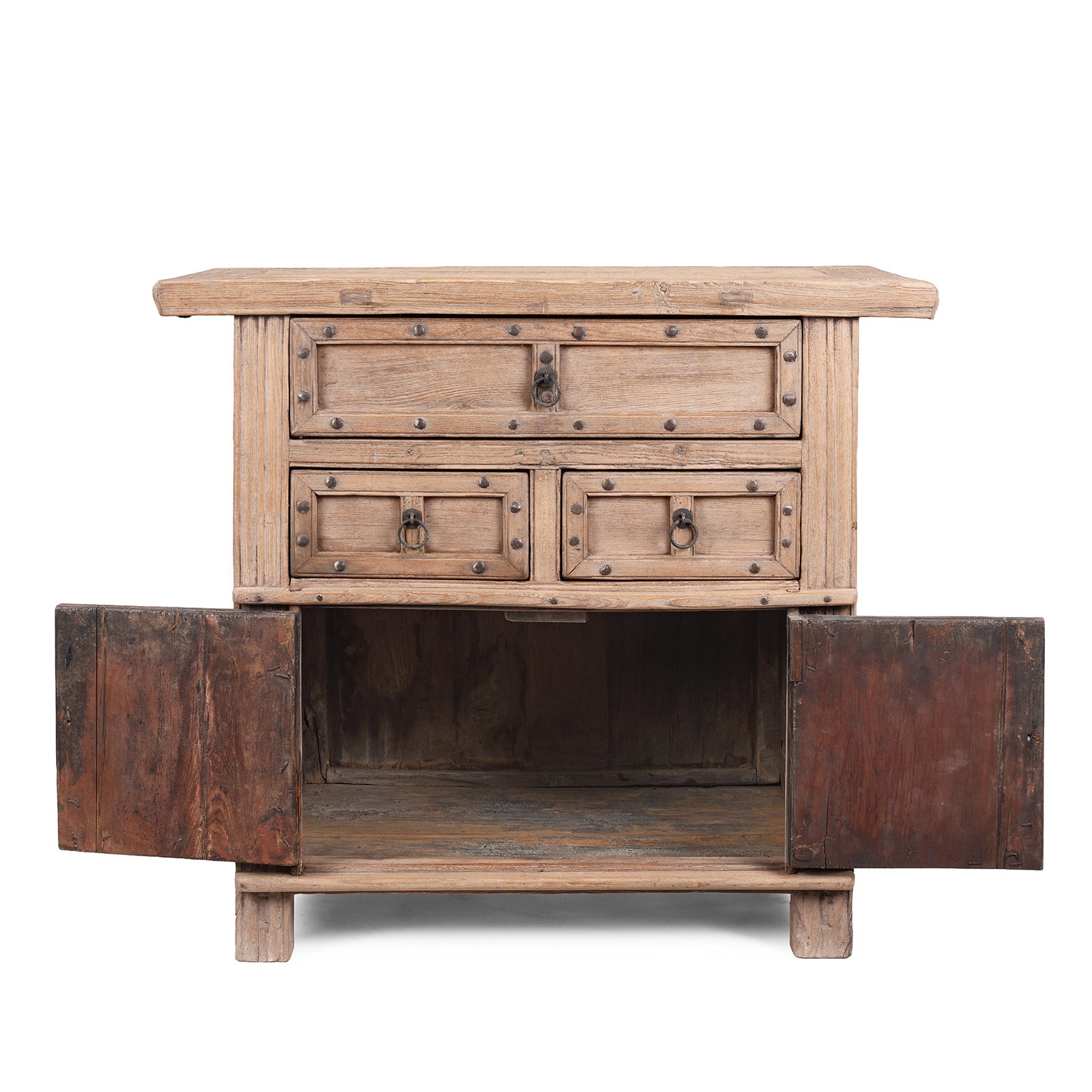 Open Doors View Of Bleached Elm Wood Cabinet From Shanxi China With Three Drawers And Lower Cupboard Featuring Iron Ring Pulls And Stud Detailing 19Th Century