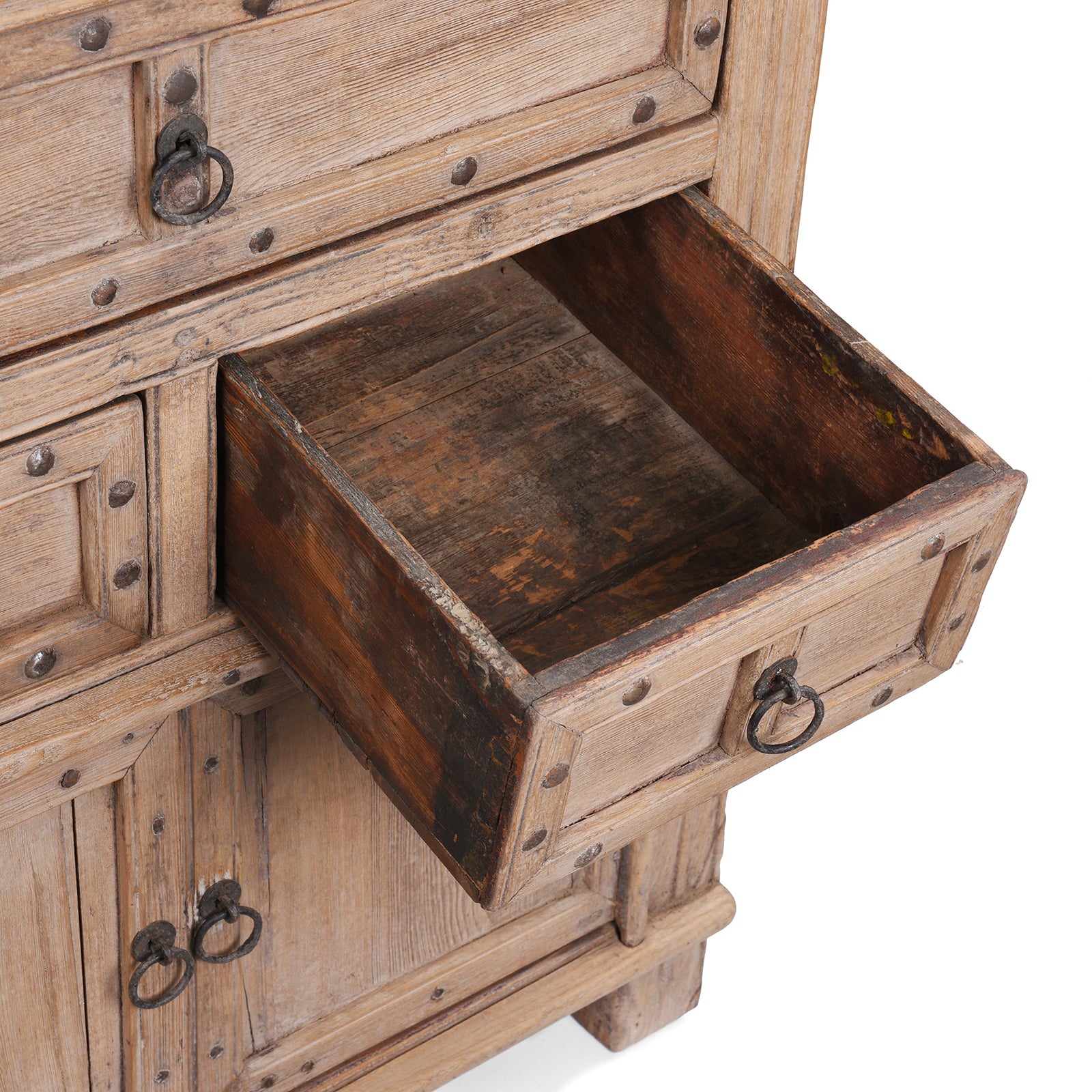 Small Drawer Interior View Of Bleached Elm Wood Cabinet From Shanxi China With Three Drawers And Lower Cupboard Featuring Iron Ring Pulls And Stud Detailing 19Th Century