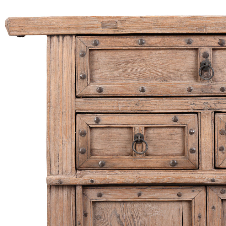 Corner Detail Showing Studs And Ring Pulls From Bleached Elm Wood Cabinet From Shanxi China With Three Drawers And Lower Cupboard Featuring Iron Ring Pulls And Stud Detailing 19Th Century